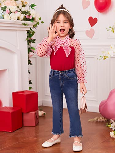 Wdirara Toddler Girl's Heart Print Sheer Mesh Cute Bow Front Long Sleeve Party Top Blouse Red 7Y #TOP4