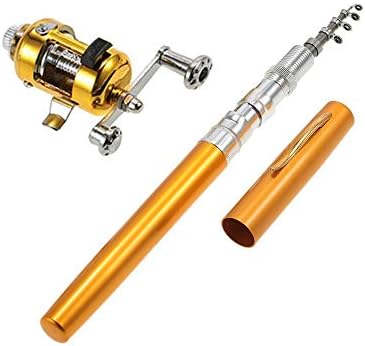 Jatzde Mini Portable Pocket Fish Rod Pen Aluminum Alloy Fishing Rod Pole Reel Combos (Gold)