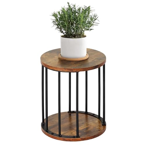 HDANI Rund Pflanzenständer Metall 35cm,Solider und Robuster Blumenständer für Wohnzimmer, Garten,Balkon, Blumenhocker Holzfür,Vintagebraun-Schwarz