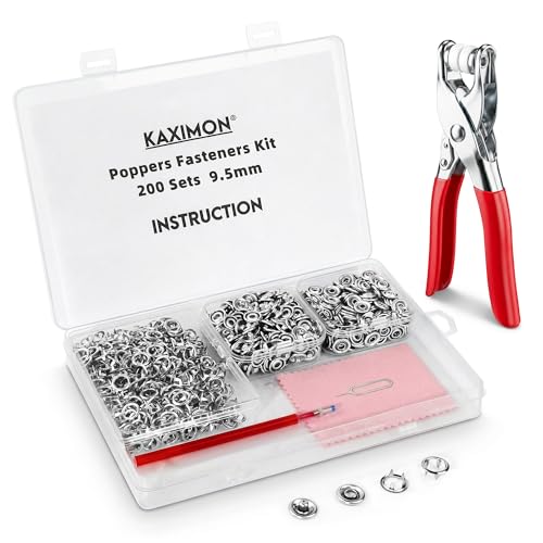 KAXIMON 200 Sets Poppers Fasteners Kit 9.5mm Press Stud Kit with Fastener Pliers Metal Snap Fasteners Press Studs No Sewing Snap Button Fastener Kit Rust Proof for Fabric Clothing Bags DIY Crafts