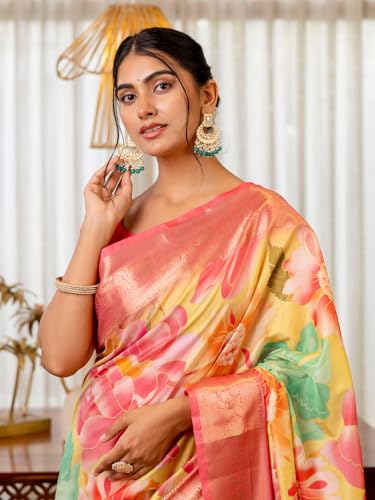 Image of Satrani Women'S Silk Printed Weaving Ready To Wear One Minute Pre Pleated Readymade Saree With Unstitched Blouse Piece