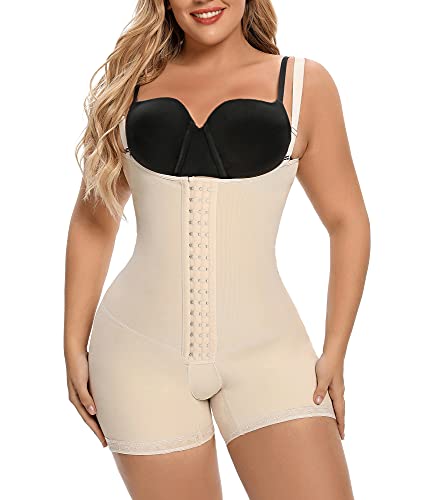 SHAPERX Shapewear Tummy Control Fajas Colombianas Open Bust Body Shaper for Women Butt Lifter Thigh Slimmer Shorts Front Hooks, DT7205-Beige-XL