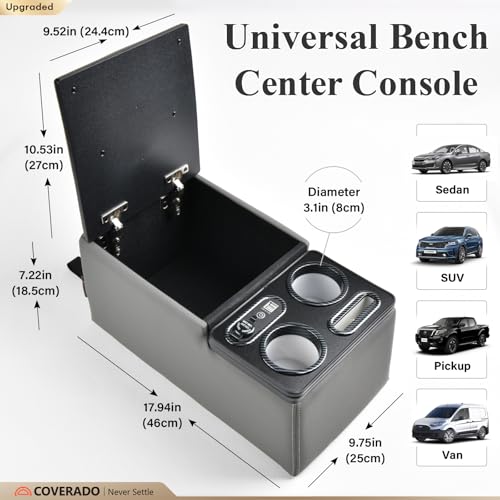Image of Coverado Car Center Console, Universal Bench Seat Consoles, Truck Center Console Automotive Center Console, Back Seat Organizer With Cup Holder+Phone Holder, Central Armrest Storage Box (Update, Gray)