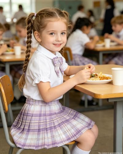 Image of Betusline Girls Skirt Set JK School Uniform 2-Piece Outfit - Short Sleeve Shirt with Bow & Pleated Skirt 4T-14Y