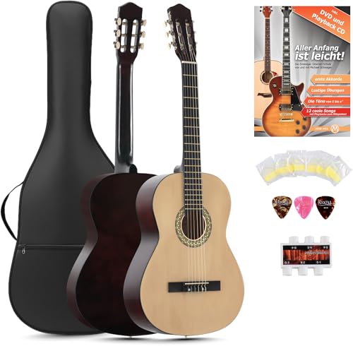 Classic Cantabile AS-851 Linkshänder Konzertgitarre 4/4 Starter Set (6 Saiten, Lindenholz, Griffbrett: Blackwood, Zubehörset inkl. Tasche, Schule, Stimmpfeife, Nylonsaiten) natur