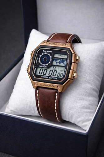 Image of Men's Digital World Time Watch with Brown Leather Strap, Alarm, Chronograph, Illuminator, 100M Water Resistant