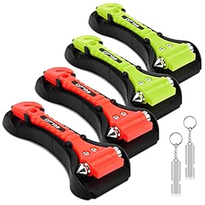 ELZO 4 Pack Autoveiligheidshamer 2 in 1 Vluchtweggereedschap Raambreker en Gordelsnijder Reddingsset met Survival-fluit (Zwart + Rood (4 pakken))
