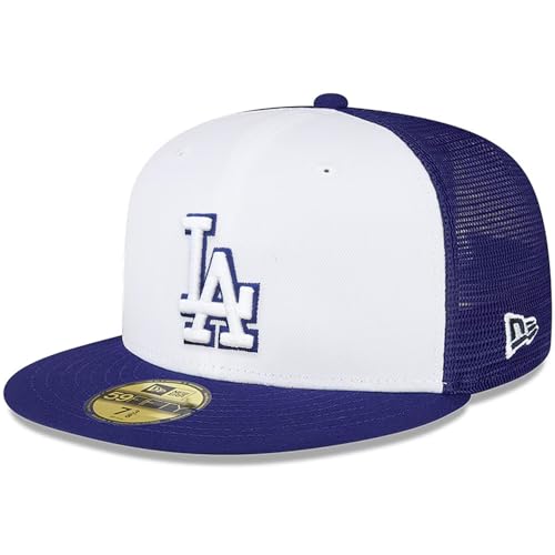 New Era LA Los Angeles Dodgers 59FIFTY Practice Trucker Fitted Cap Hat (US Numeric 7 1/8 Blue White)