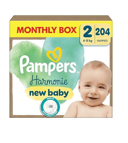 Pampers Harmonie Nappies Size 2, 204 Nappies, 4kg-8kg, Monthly Pack, Gentle Skin Protection with 100 Percent Pampers Protection