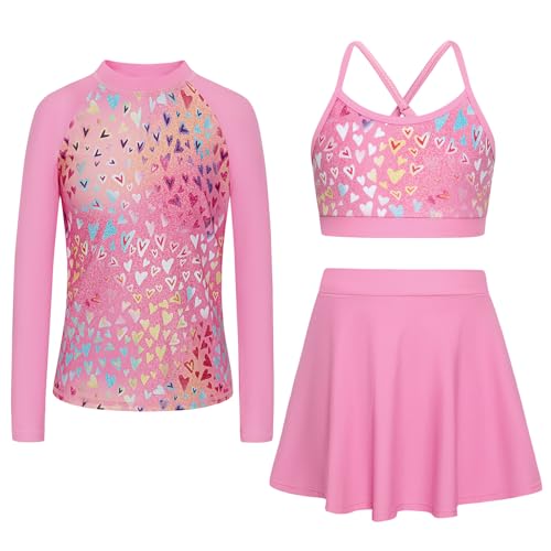 Image of Girls Swimsuit Long Sleeve Swim Shirt 3 Piece Rash Guard for Girls Bathing Suit with Boyshorts