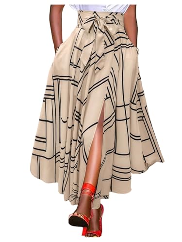 Milumia Women's Geo Print Bow Tie Belted Skirt Split Thigh Ruffle Flowy Long Skirts