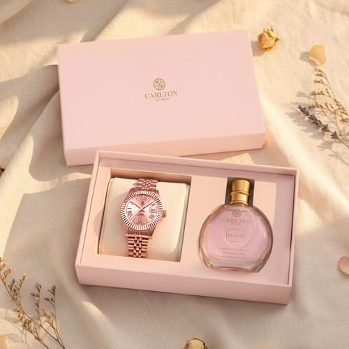 Image of Carlton London Women's Gift Set - Harper Gold Analog Watch & Blush Perfume 30ml for Women | Luxury Fashion Wrist Watch with Fragrance Combo | Elegant Gift Set for Birthday, Anniversary & Special Occasions