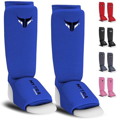 Junior espinilleras Kick Boxing Ligero Empeine de espinilla Protector Estirable y Acolchado Entrenamiento Muay Thai espinilleras, espinilleras MMA niño (XXS, Azul)