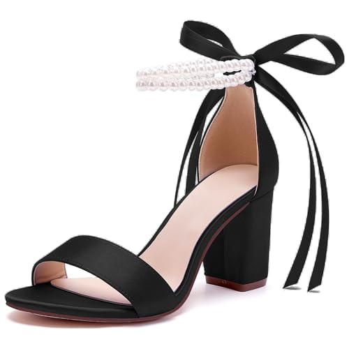 Image of Women's Open Toe Pearl Wedding Shoes for Bride High Heels Sandals Satin Bridal Block Chunky Heels Ankle Strap Prom Evening Party Pumps