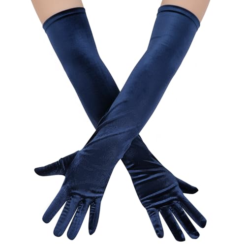 Lystaii Women Long Velvet Gloves for Women Elbow Length 1920s Opera Costume Flapper Evening Banquet Party (Navy Blue)