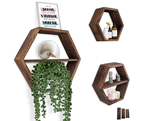 Comfify Estantería Flotante rústica Hexagonal – Juego de 3 – Grande, Mediano y pequeño – Tornillos y Tacos incluidos – Estantes rústicos para Dormitorio, salón y más – Decoración de Pared de Panal –