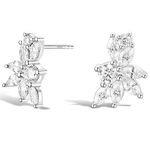 TIGRADE Stud Earrings Marquise and Round Cubic Zirconia Rhinestone Cluster Earrings 925 Sterling Silver Post Hypoallergenic for Women, Brides, Bridesmaid
