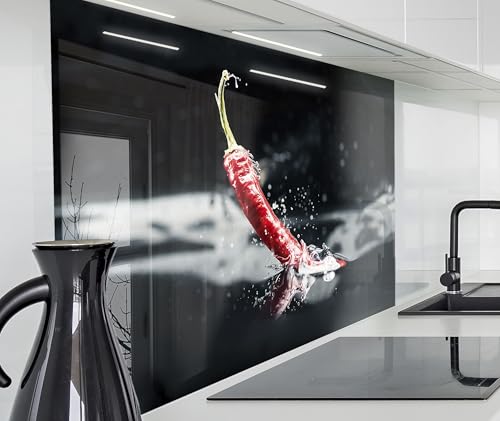 timalo Spritzschutz Wand für Herd, Küche Küchenrückwand Glasoptik | Acryl Glas 2mm | Glasrückwand Acrylglas Wandpaneele Rückwandschutz Platte | 60x40cm Paprika Chili im Wasser