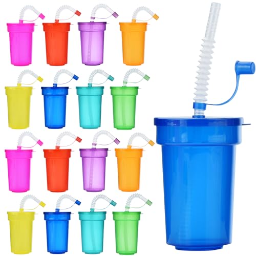 ALINK Plastic Kids Party Cups with Lids and Straws, 16pcs 12 oz Neon Sipper Cups, Colorful Party Favor Cups for Birthday, Holiday, Events, Party Decoration Supplies