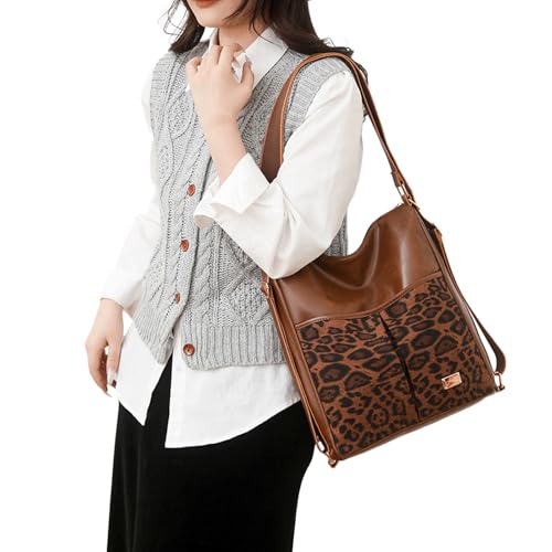 Suede Slouchy Shoulder Bag Leopard Spacious Suede Hobo Bags for Women Large Soft Leather Backpack Alt Hobo Leopard Backpack Convertible Crossbody Bag 2025 for Daily College Travel (Black)2