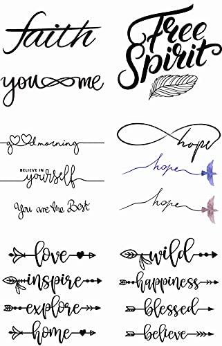 Dopetattoo 6 Sheets Temporary Tattoos Boho Arrows Watercolor Bird Feather Inspirational Word Calligraphy Phrase Quote Hand Temporary Tattoo Neck Arm Chest for Women Men Adults