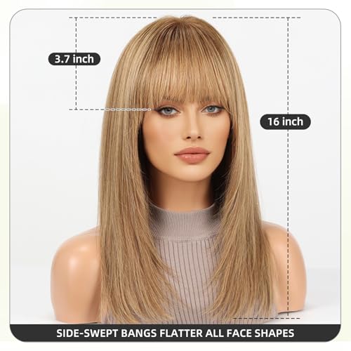 Image of 16 Inch Brown and Gold Ombre Human Hair Wig, Human Hair Wig With Bangs, Real Hair Wigs For Women, real human hair wigs