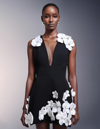 BELLA BARNETT Black Deep V Neck Sleeveless Diamond 4D Flowers Party Dress Mini A Line Prom Dress for Date Night4