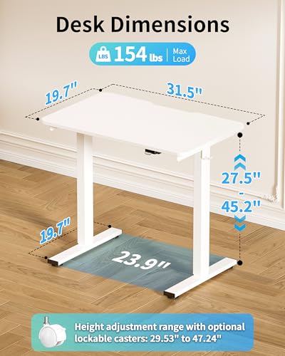 Image of Okin Electric Standing Desk 31.5x19.7 Inches Small Computer Desk-Whole Piece Stand up Desk with Wheels Gaming Rolling Home Office Desks, White