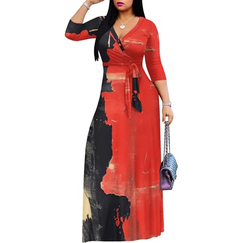 Image of PinkPatty Women's Print Maxi Dresses 3 /4 Sleeve Flowy Long Dress V Neck Wrap Tie Waist Sundress