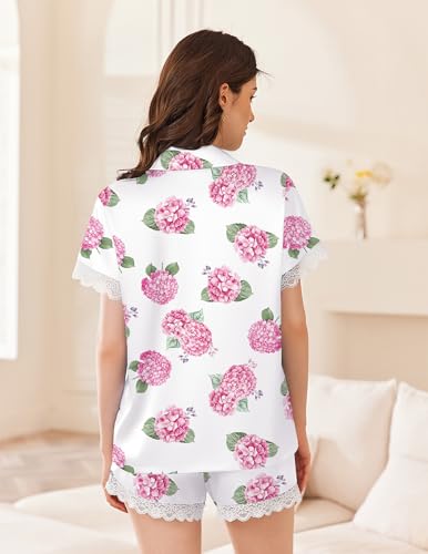 Image of Ekouaer Womens Lace Satin Pajama Set Button Down Pj Shorts Set Bridesmaids Getting Ready Outfits Casual Sleepwear XS-XXL