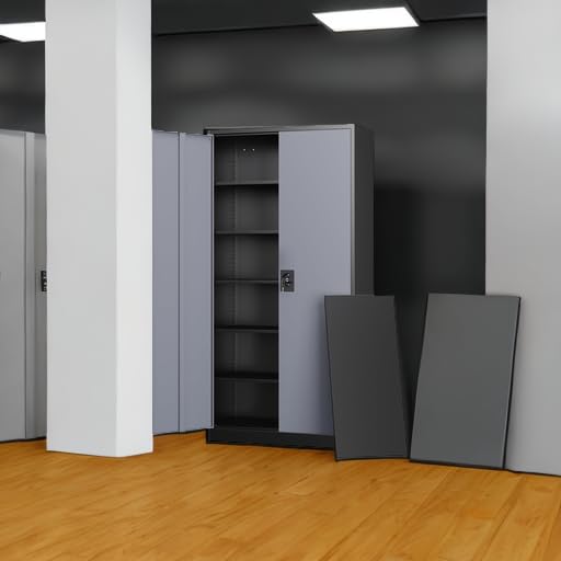 Image of Letaya Metal Garage Storage Cabinets with Lock Door and Adjustable Shelves, Steel Tool Cabinets for Home,Office,Warehouse Organisieren (Black Gray)