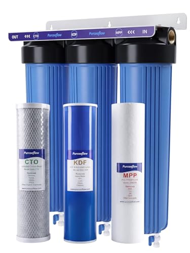 Purcooflow 3-Stage Whole House Water Filter System, Heavy Metal (Iron, Manganess) Reduction, 20x4.5 Inch, Includes PP, KDF & CTO Carbon Block, 1' NPT Brass Ports, Drain Valves & Install Kit