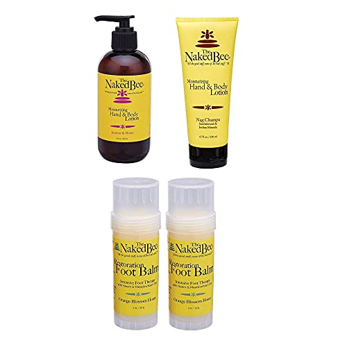 The Naked Bee Orange Blossom Honey Restoration Foot Balm 2oz + The Naked Bee Jasmine & Honey Moisturizing Hand & Body Lotion 8oz + Nag Champa Sandalwood Hand & Body Lotion 6.7oz