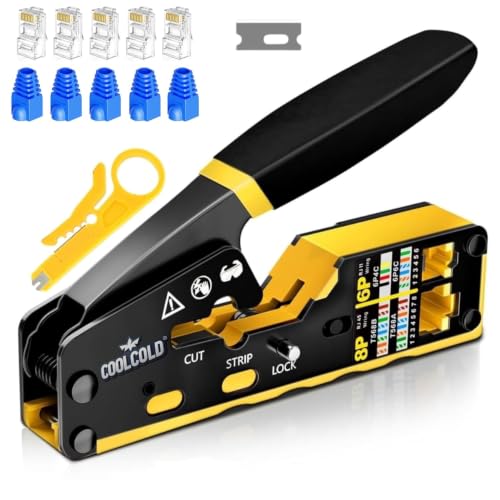 Image of COOLCOLD RJ45 Crimping Tool for Cat6 /Cat5e /Cat5 Ethernet Cable | Pass Through Network Crimper with Wire Stripper, 5 Cat6 Connectors & 5 Boots | LAN Cable Crimp Tool for Router & Networking Repair