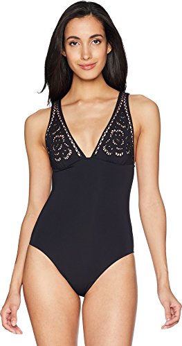 Seafolly Women's Embroidered V-Neck One Piece Swimsuit, Dawn to Dusk Black, 10 US
