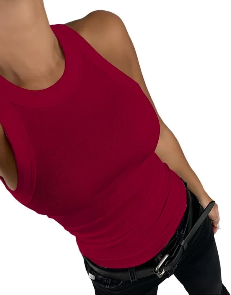 CHICME Womens Summer Sleeveless Tank Top Casual Ribbed Racerback Basic Fitted Thick Strap Shirts Tops - Image 2