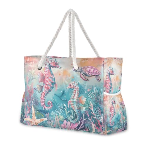 Image of Beach Tote Bags for Women, Turtle Flower Starfish Large Beach Shoulder Bag Pool Bags Purse