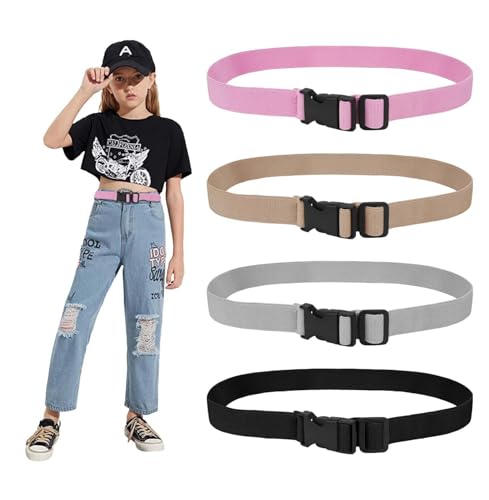 Teen Adjustable Elastic Belts 4 Pack, Stretch Belts with Black Buckle for Kids, Boys & Girls Pants Jeans - Versatile Canvas Waist Belts