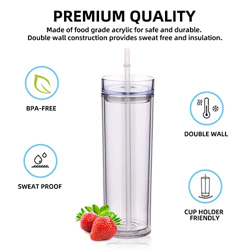 Volhoply 20oz Plastic Skinny Tumblers Bulk 4 Pack,Double Wall Tumbler with Lid and Straw,BPA Free Matte Acrylic Water Cups for Parties(Clear,4 Set) - Image 2