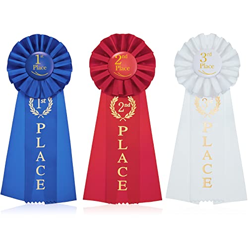 Award Ribbons 3 Pieces Victory Rosette 1st Place Ribbon Grand Prize Winner Ribbon First Second and Third Place Ribbons Deluxe Recognition Ribbons for Classroom Prizes (1st Blue, 2nd Red, 3rd White)