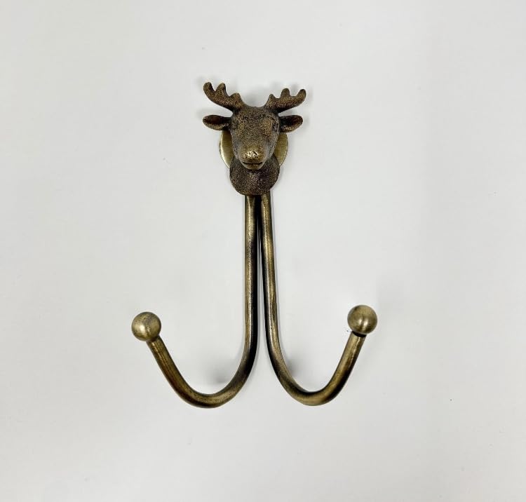 Knobs By Blossom Double Vintage Animal Antique Brass Iron Wall Hook (Stag)