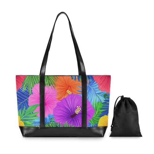 Hawaiian Style Tropical Flowers Palm Leaves Bright Neon Colors Large Capacity handbags for women with zipper totes for gym with bolsa para laptop mujer2