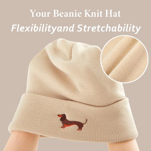Geyoga Warme Weiche Wintermütze Winter Beanie Mütze Strickmütze mit Stickerei Kalte Mütze mit Hundestickerei Geschenk Strickmütze für Hundebesitzer(Beige,Einfacher Dackel)