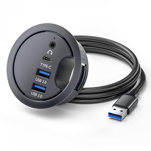 CY USB 3.0 Hub Carte son USB-C 2 ports USB 60 mm Passe-câble de bureau Répartiteur Station d'accueil Casque Micro Interface audio pour PC de bureau