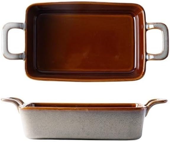 Lasagna Pans 600ML Ceramic Double Ear Baking Pan Vintage Kiln Change Restaurant Household Vegetable Plate Cheese Rice for Baking Cake(Brown)