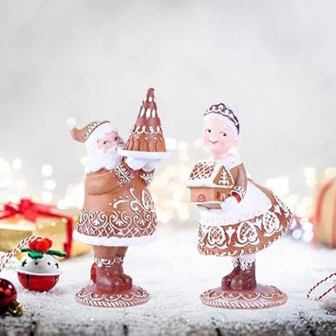 RJSQAQE Gingerbread Christmas Decor,Resin Mr.Santa and Mrs.Santa Christmas Collectible Figurines,Vintage Gingerbread Santa Couple Statue Christmas Table Decor for Home Office Cover