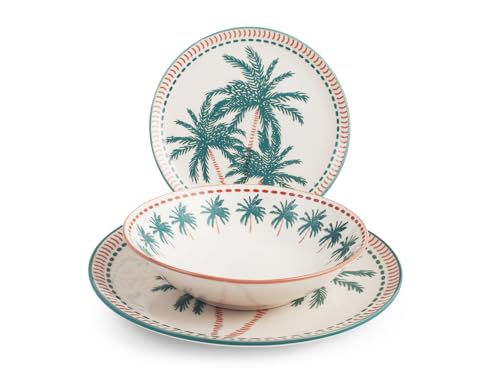 H&H, Servizio Tavola Haiti, Set 18 Pezzi in Stoneware, Decorazione Palme Tropicali, 6 Posti, Avorio e Ottanio