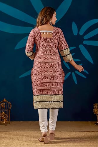 Image of Women's Pure Cotton Straight Fit Straight Cambric Jaipuri Printed Kurti