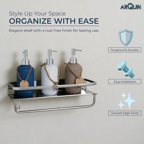 Image of ARQUIN Bathroom Shelf Multipurpose Wall Shelf Stainless Steel I Wall Mount Bathroom Storage Organizer | Towel Hook Racks and Shelves I Bathroom Accessories Set Shelves Silver 15x5 Inch