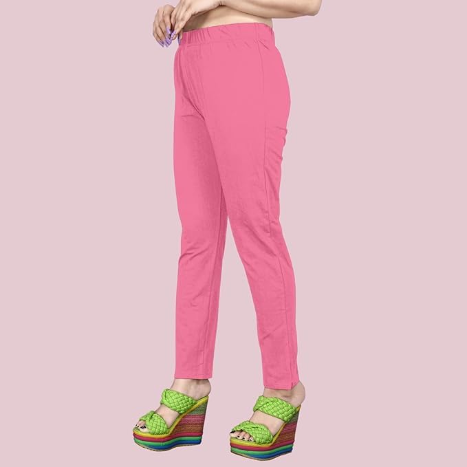 Image of Women's Solid Cotton Lycra Pants-High Waist Slim Fit Stretchable Leggings - Comfortable Long Trousers for Casual, Office & Everyday Wear